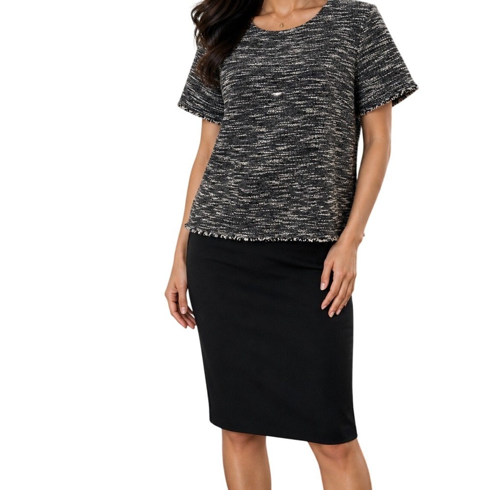 Ann Taylor Factory‎ Women Black White Tweed Short Sleeve Fringe Blouse Top M